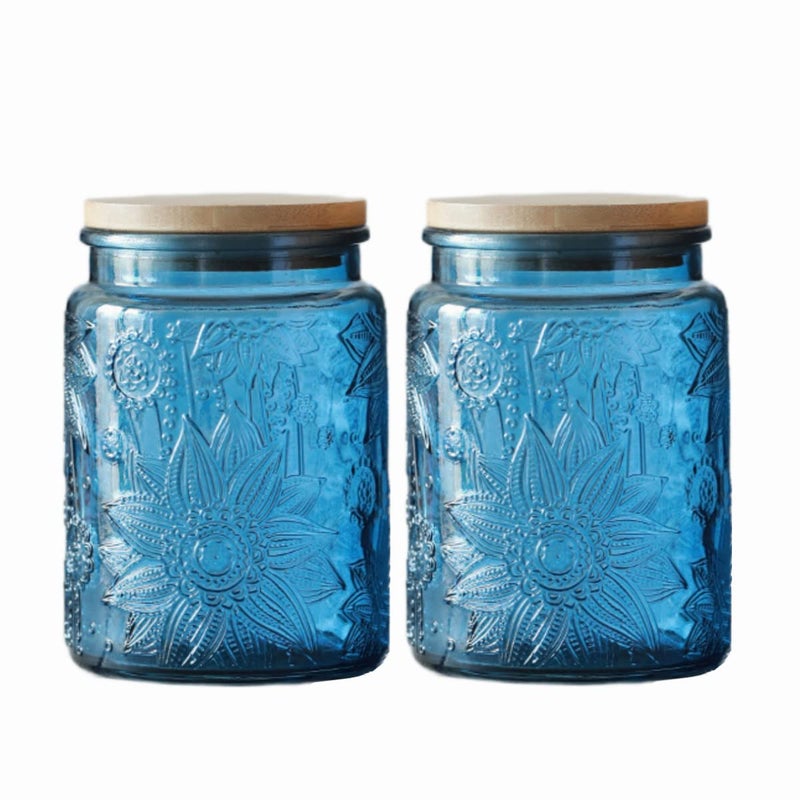 ANSQU 23.7 FL OZ Blue Glass Jars, 2 Pack Vintage Glass Kitchen Storage Counter Jar, Candy Jars with Lids, Mason Jar Hold Coffee Beans, Tea, Cookie, Sugar, Bath Salts & More (Blue, 2 Pack) - Image 1