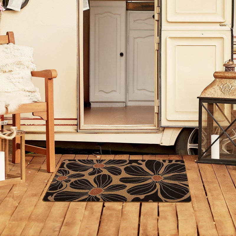XLDLIOO Boho Floral Door Mat, Black Coir Doormat, Flower Welcome Front Door Mat Indoor Outdoor Entrance for Camper, Botanical Rustic Artificial Doormat Rugs for Porch Entry Patio Kitchen 30x17in - Image 4