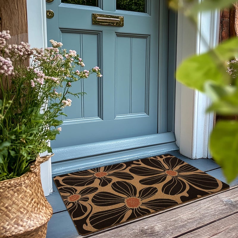 XLDLIOO Boho Floral Door Mat, Black Coir Doormat, Flower Welcome Front Door Mat Indoor Outdoor Entrance for Camper, Botanical Rustic Artificial Doormat Rugs for Porch Entry Patio Kitchen 30x17in - Image 2
