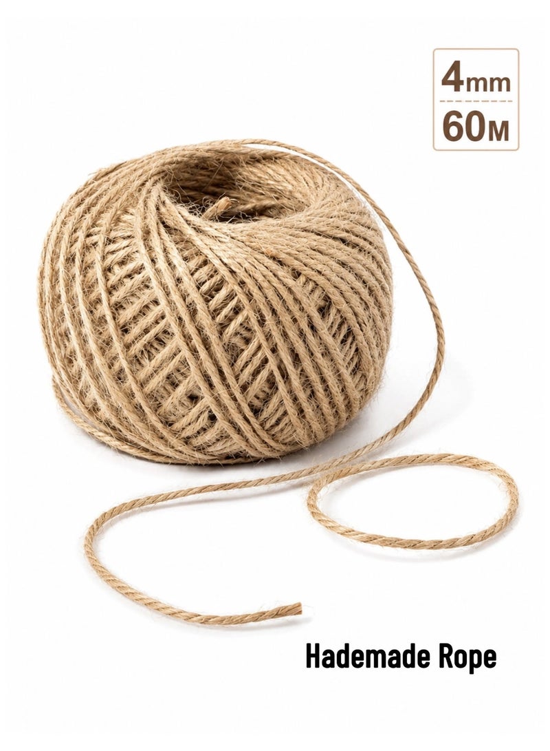 Jute Twine 60M 4mm Natural Jute Rope Roll, Thick Craft Twine for Gift Wrapping, DIY Crafts, Garden Tying, Wedding Decoration & Packaging String - Image 1