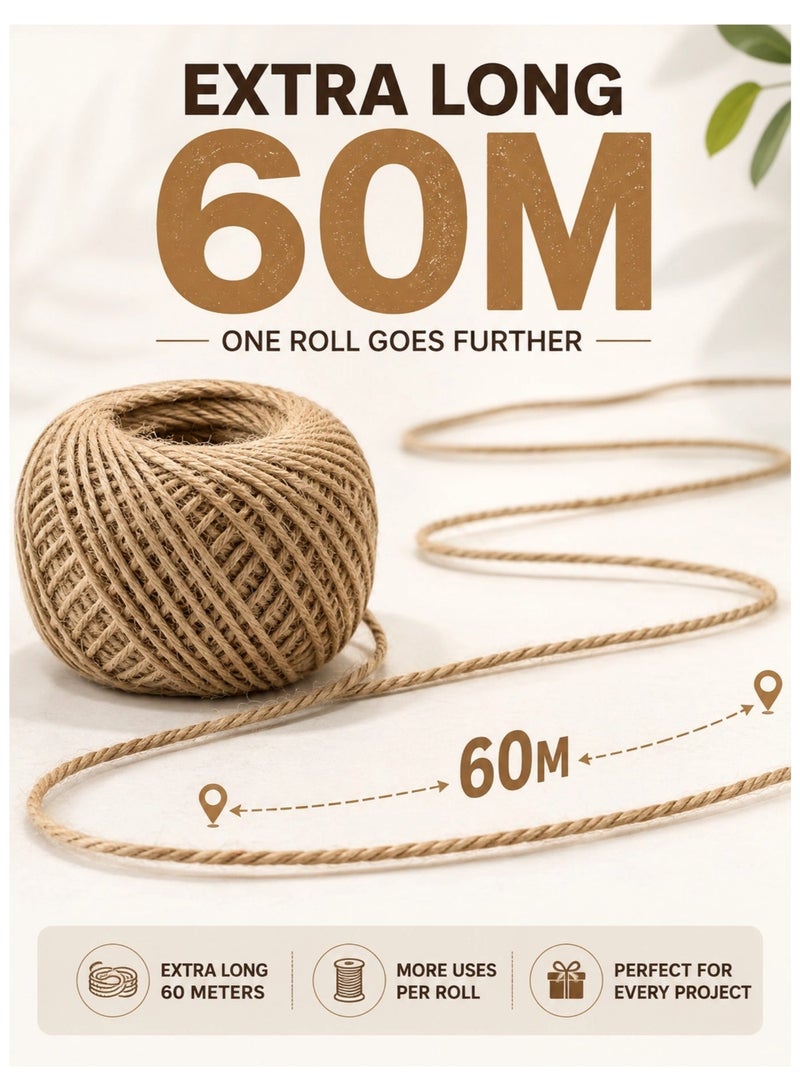 Jute Twine 60M 4mm Natural Jute Rope Roll, Thick Craft Twine for Gift Wrapping, DIY Crafts, Garden Tying, Wedding Decoration & Packaging String - Image 2