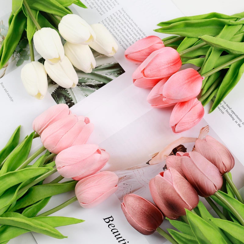 Beferr 18pcs Tulips Artificial Flowers Faux Tulip Real Touch Tulip Fake Flowers Bouquets Arrangements for Mothers Day Spring Easter Wedding Home Table Decor Colorful - Image 4