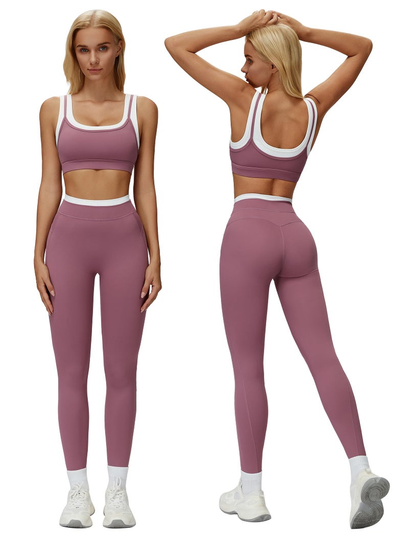 ABOCIW Workout Sets for Women Color Block Layered Sports Bra Matching Tummy Control High Wait Leggings 2 Piece Gym Sets Yoga Pilates Outfits Work Out Clothes Bean Medium - Image 2