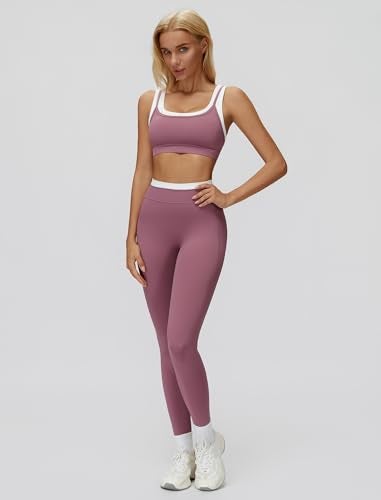 ABOCIW Workout Sets for Women Color Block Layered Sports Bra Matching Tummy Control High Wait Leggings 2 Piece Gym Sets Yoga Pilates Outfits Work Out Clothes Bean Medium - Image 3