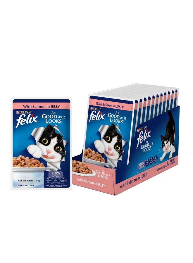 PURINA Felix As Good As It Looks Wet Food For Adult Cats|Complete And Balanced Cat Food |Salmon Flavour|Pack Of 12 Pouches (12 X 85 G)