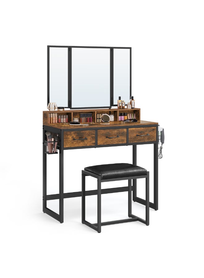 VASAGLE Dressing Table with Mirror and Stool, Vanity Table with Tri-Fold Mirror, 3 Drawers, Hair Dryer Holder, Makeup Desk, Industrial Style, Rustic Brown and Black - Image 1