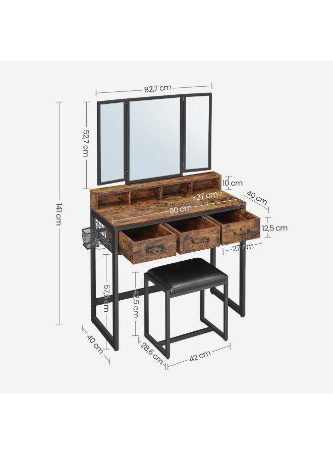 VASAGLE Dressing Table with Mirror and Stool, Vanity Table with Tri-Fold Mirror, 3 Drawers, Hair Dryer Holder, Makeup Desk, Industrial Style, Rustic Brown and Black - Image 2