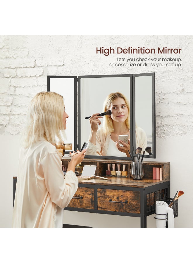 VASAGLE Dressing Table with Mirror and Stool, Vanity Table with Tri-Fold Mirror, 3 Drawers, Hair Dryer Holder, Makeup Desk, Industrial Style, Rustic Brown and Black - Image 5