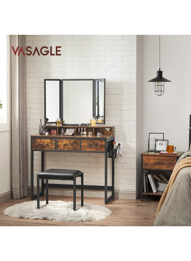 VASAGLE Dressing Table with Mirror and Stool, Vanity Table with Tri-Fold Mirror, 3 Drawers, Hair Dryer Holder, Makeup Desk, Industrial Style, Rustic Brown and Black - Image 3
