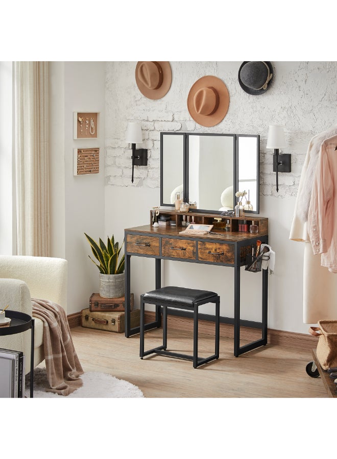 VASAGLE Dressing Table with Mirror and Stool, Vanity Table with Tri-Fold Mirror, 3 Drawers, Hair Dryer Holder, Makeup Desk, Industrial Style, Rustic Brown and Black - Image 4