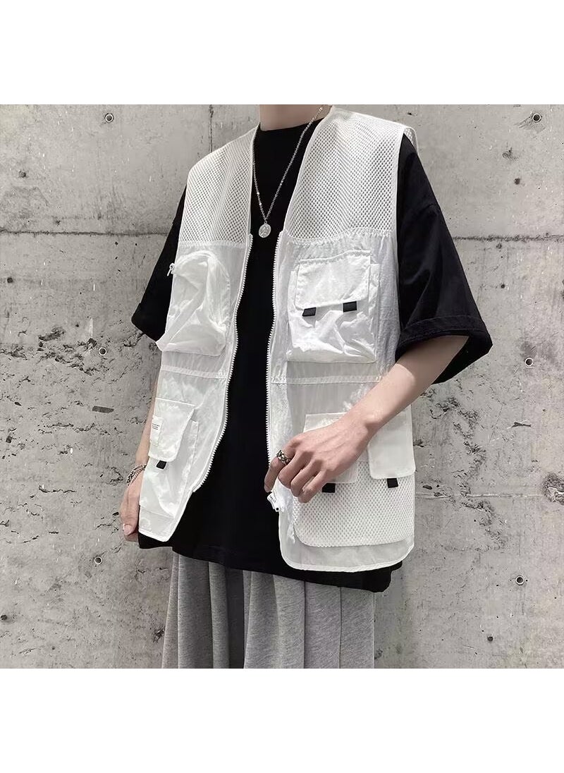 Generic - Loose Sleeveless Tactical Vest for Men Street Style Multi-Pocket Casual Fashion Brand Trendy Streetwear Workwear Jacket White - Image 1