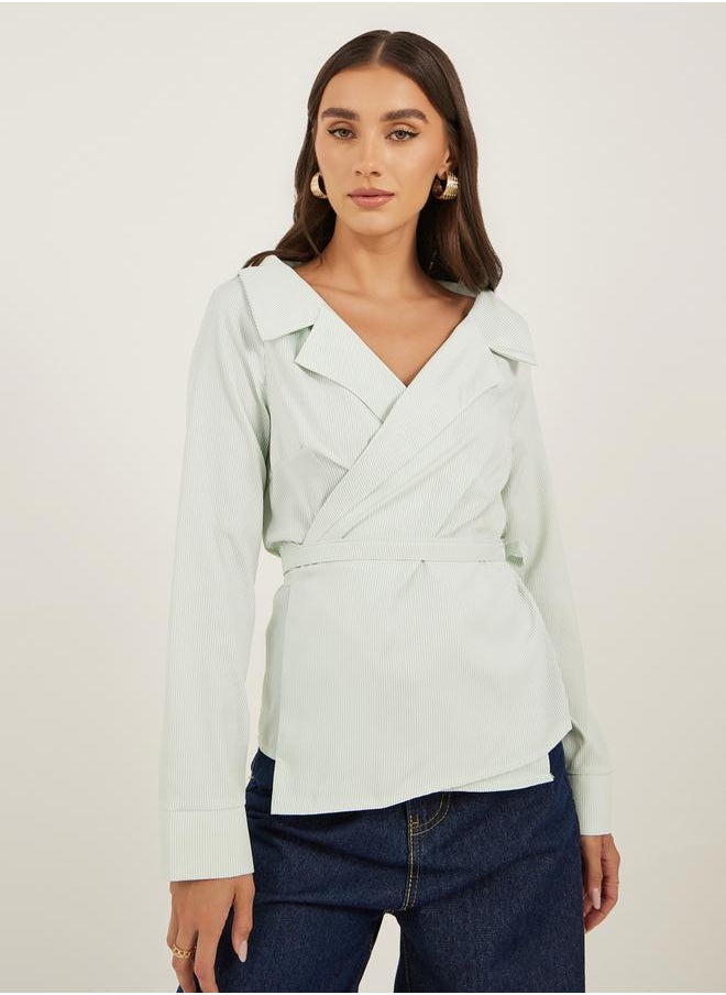 Styli Striped Notch Lapel Wrap Top with Tie Detail  - Image 1