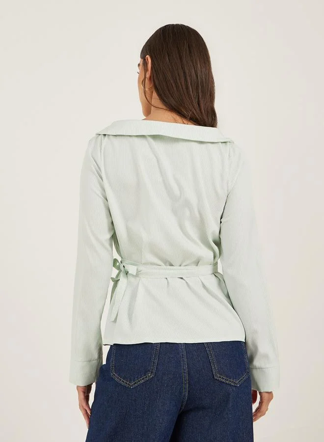 Styli Striped Notch Lapel Wrap Top with Tie Detail