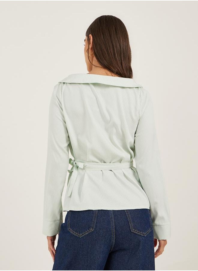 Styli Striped Notch Lapel Wrap Top with Tie Detail  - Image 4