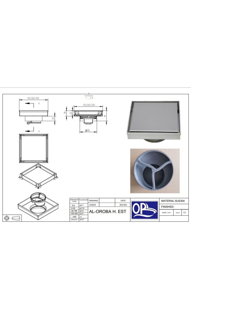 OR Shower Drain Square ZS3-200 -TH01  Stainless Steel 304 - size 20*20 cm - Image 2