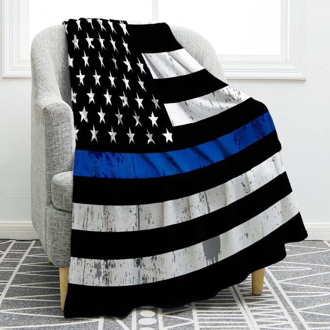 BLUE LINE POLICE BLANKET UNITED STATES POLICE FLAG PRINT GIFTS FOR MEN BOY DAD HUSBAND SON ADULT HOME BEDROOM LIVING ROOM DECOR SOFT COZY LIGHTWEIGHT PLUSH THROW BLANKETS 50X60