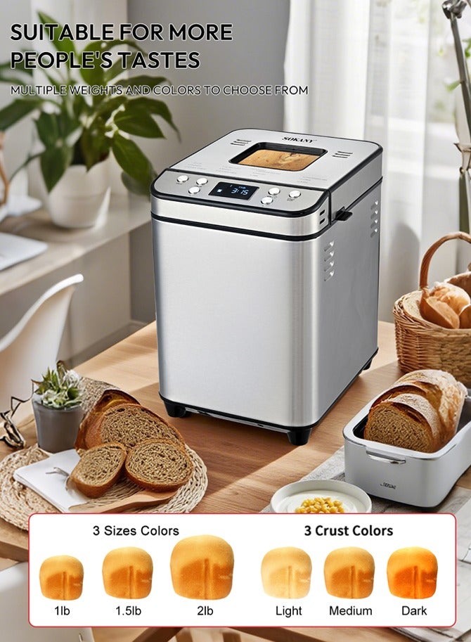 سوكاني ماكينة صنع الخبز الأوتوماتيكية ، ماكينة خبز من الفولاذ المقاوم للصدأ 12 في 1 مع مقلاة خبز غير لاصقة قابلة للإزالة ومجداف عجن ، 3 أحجام رغيف 3 ألوان قشرة ، 12 وظيفة قائمة ، مؤقت 15 ساعة والحفاظ على الدفء ، خالي من الغلوتين ، عجين مخمر ، مربى ، زبادي ، 2 رطل ، 700 واط سك-08146 - Image 3