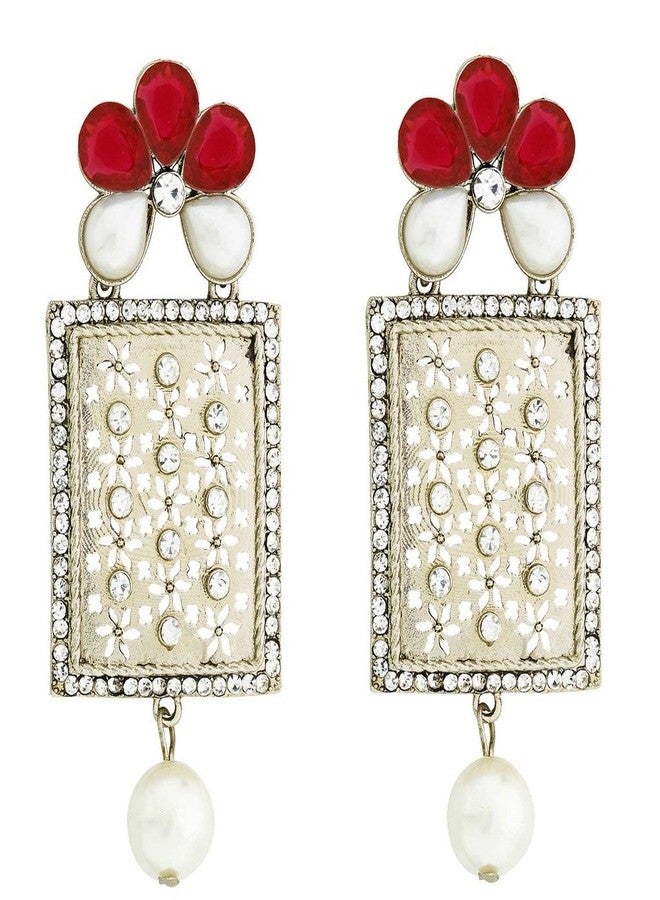 Zivom® Designer American Diamond Pink Pearl Rhodium Long Earring For Women - Image 1
