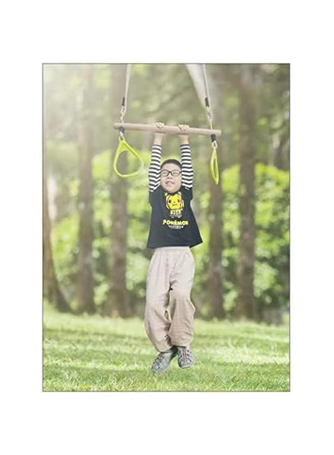 Wooden Trapeze Swing Bar Rings Swing Set Accessories-Outdoor Indoor Playground 2 in 1 for Kids (Blue)  - Image 2