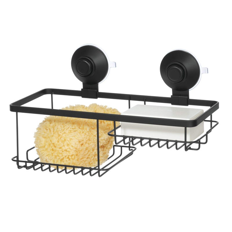 InterDesign iDesign Everett Metal Push Lock Suction Shower Caddy Extra Space for Shampoo Conditioner and Soap with Hooks for Razors Towels Loofahs and More 111 x 49 x 654 Matte Black