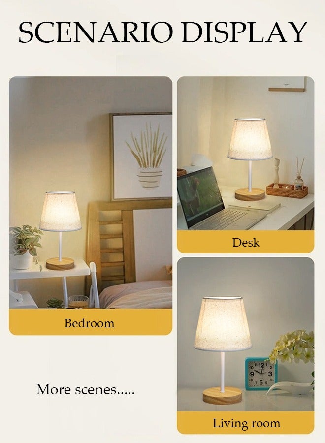 DUNISO LED Three-Color Bedroom Table Lamp USB Bedside Wooden Lamp Night Light With round Fabric Lampshade Suitable For Home Bedroom Living Room Office - Image 3