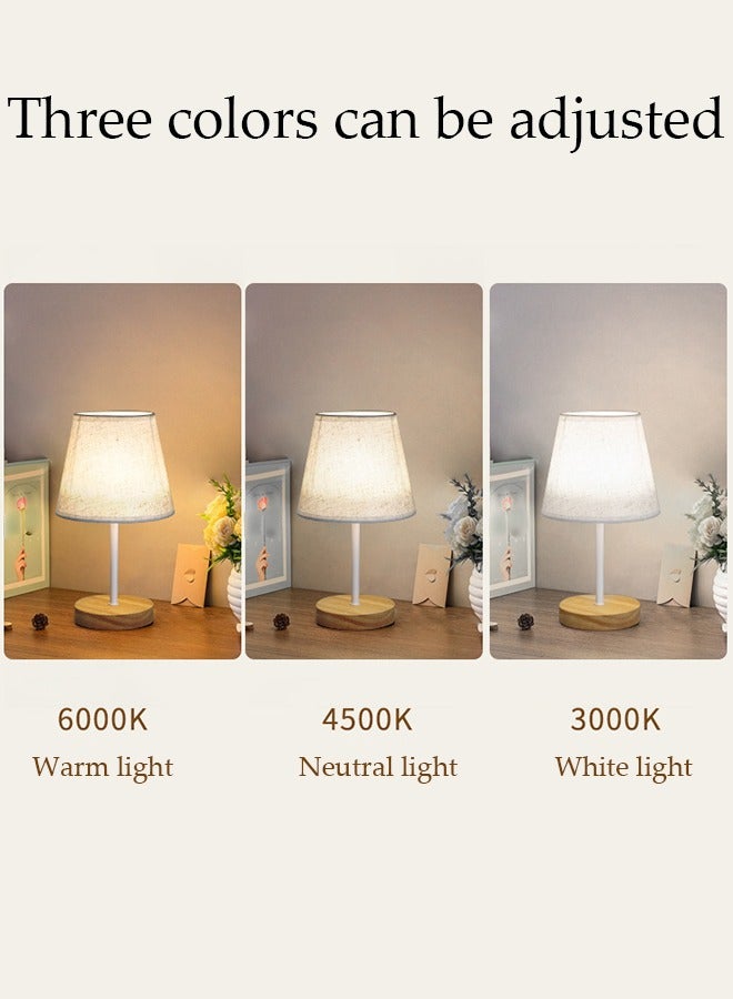 DUNISO LED Three-Color Bedroom Table Lamp USB Bedside Wooden Lamp Night Light With round Fabric Lampshade Suitable For Home Bedroom Living Room Office - Image 4