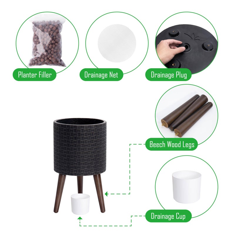 D'vine Dev 10 Inch Modern Geometric Tile Patterned Sleek Planter Pot with Stand, Indoor Outdoor Decorative Plant Holder, Distressed Black, 88-Z-B-5 - Image 4