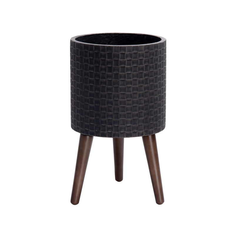 D'vine Dev 10 Inch Modern Geometric Tile Patterned Sleek Planter Pot with Stand, Indoor Outdoor Decorative Plant Holder, Distressed Black, 88-Z-B-5 - Image 1