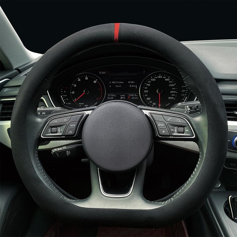 Carodi Car Suede Steering Wheel Cover Car NonSlip Leather Car Interior Fitting 15inch UniversalDShapeBlack red Label