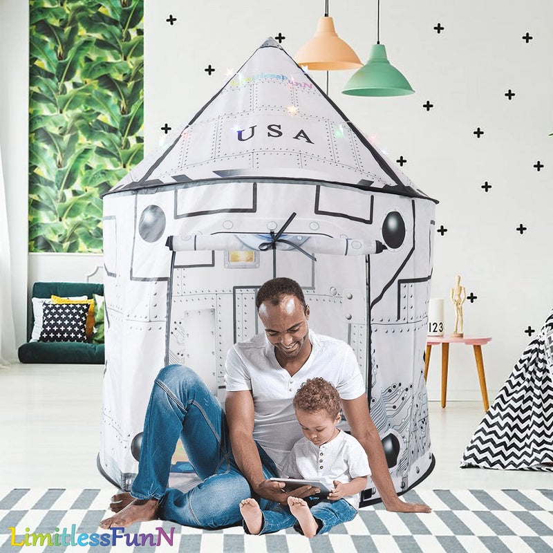 LimitlessFunN Space Rocket Ship Pop Up Kids Play Tent | Includes Star Lights & Carrying Case |, Children Indoor Castle Playhouse for Boys, Toddlers, 41" D x 41" W x 53" H - Image 2