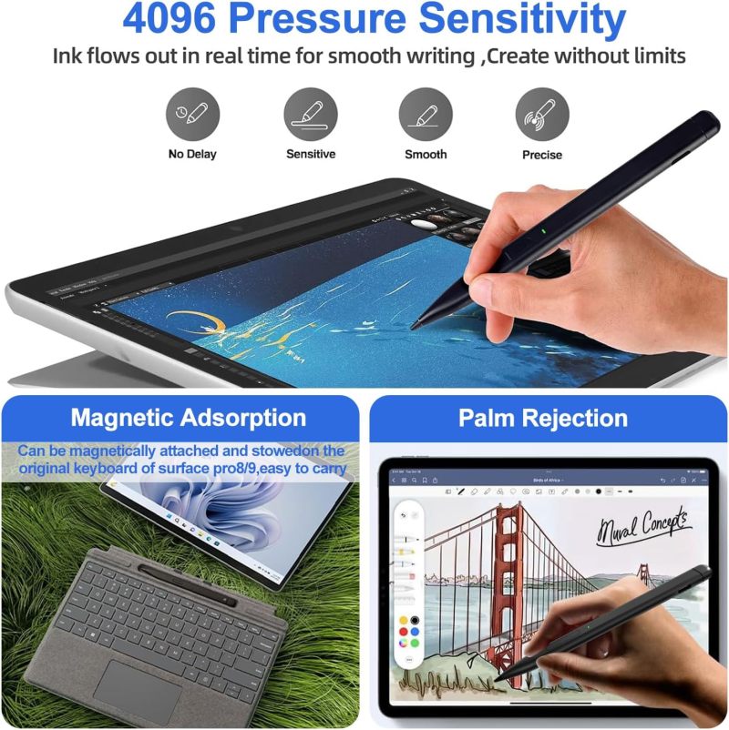 Surface Pen Stylus for Tablet Drawing Note Taking Graphic Design - High Precision Active Stylus Pen Capacitive Digital Pen for iPad - Image 5