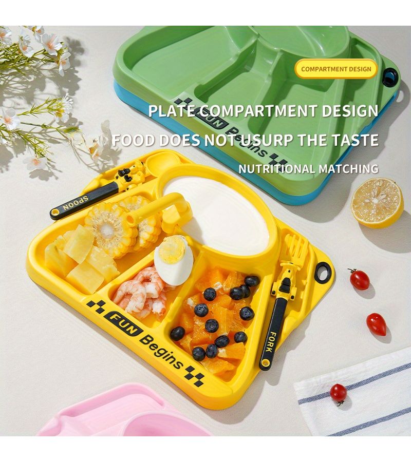 Orange Cartoon Motorcycle Dinnerware Set Fork Spoon Plate Self Feeding Utensils Food Supplement Bowl Non Slip Heat Resistant Easy To Clean - Image 2