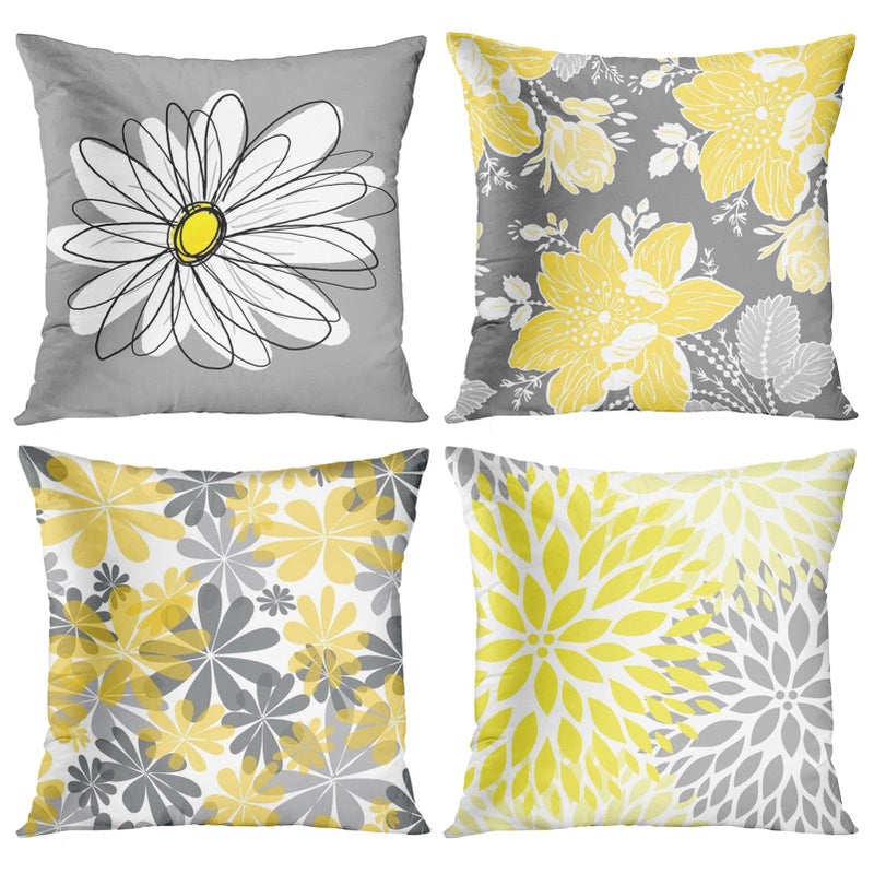 Emvency Set of 4 Throw Pillow Covers Gray and Yellow Modern Daisy with Pretty White Floral Hand Couch Sofa Decorative Pillow Cases Cushion Home Decor Square 18x18 Inches Pillowcases - Image 1