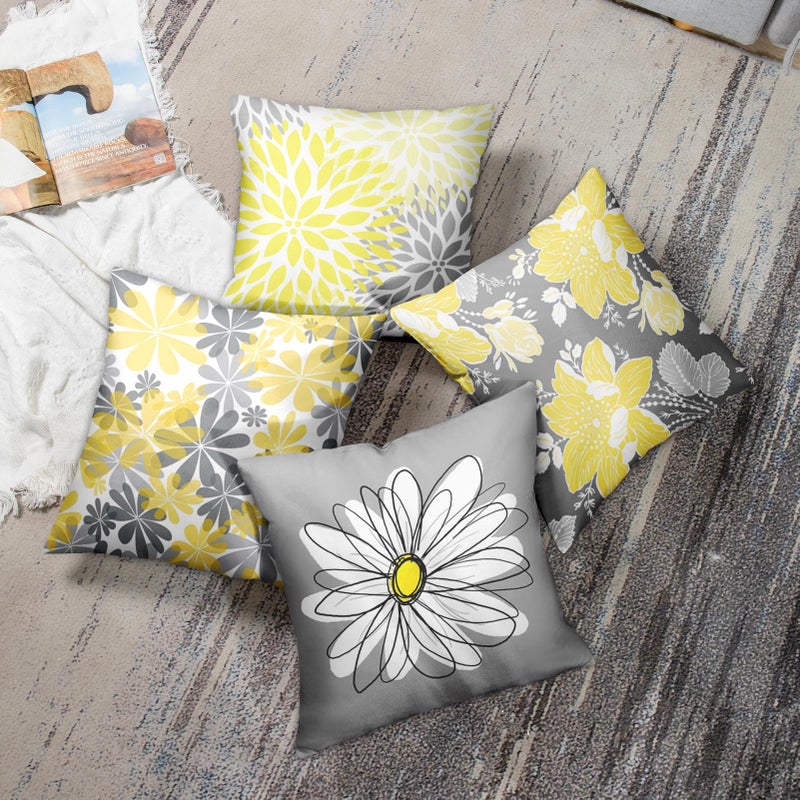 Emvency Set of 4 Throw Pillow Covers Gray and Yellow Modern Daisy with Pretty White Floral Hand Couch Sofa Decorative Pillow Cases Cushion Home Decor Square 18x18 Inches Pillowcases - Image 5