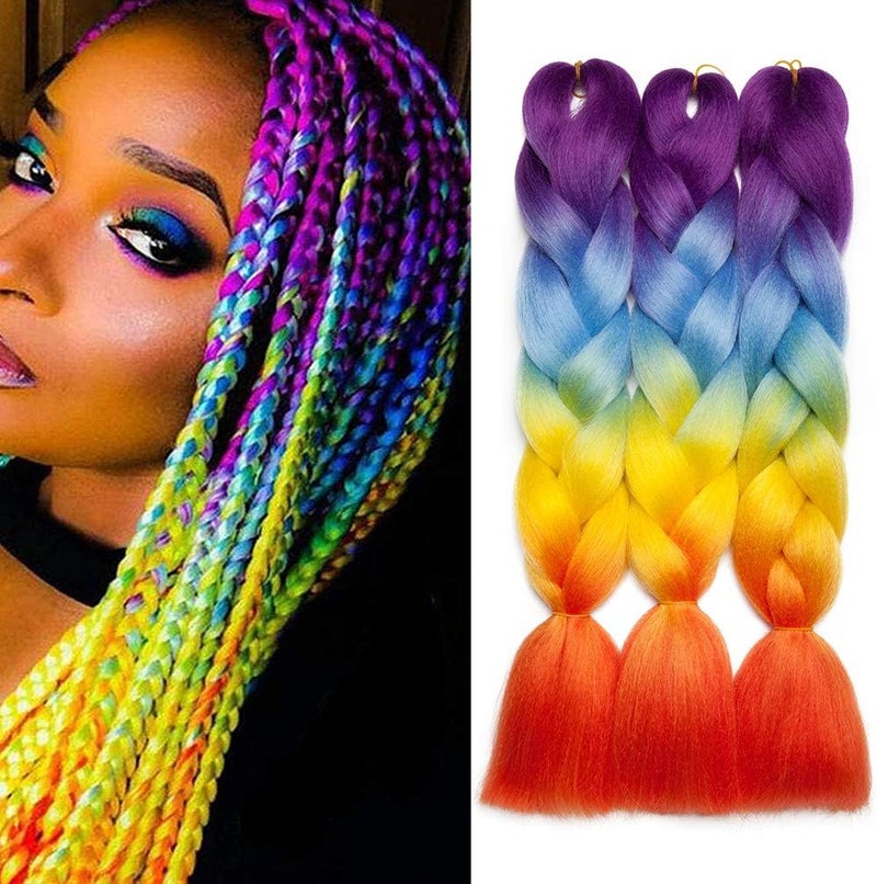 3 pcs Colorful Jumbo Braiding Hair Extensions 4 Tone Ombre Synthetic Braid Hair Extension 24 inches Purple to Blue to Yellow to Orange