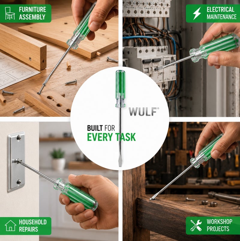 WULF 6-Inch Slotted Screwdriver with Ergonomic Crystal Green Handle, Premium Hardened Steel Flat Head Blade for Industrial & Home Maintenance, Heavy-Duty Precision Fastening Hand Tool for Electrical & DIY Repair - Image 2