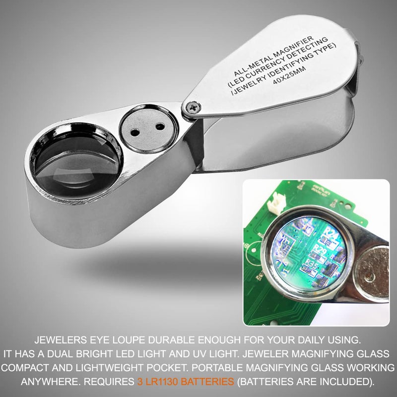 KingMas 40x 25mm Jeweller Magnifier Pocket Folding Magnifying Jewelry Eye Loupe With LED Light Illuminated (LED Currency Detecting/Jewlers Identifying Type Lupe) - Image 5