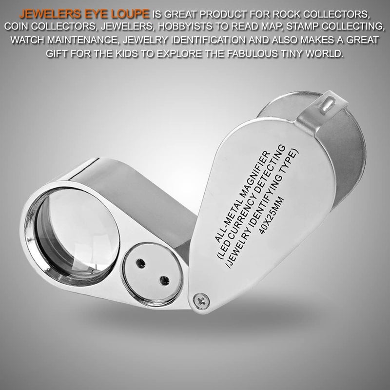 KingMas 40x 25mm Jeweller Magnifier Pocket Folding Magnifying Jewelry Eye Loupe With LED Light Illuminated (LED Currency Detecting/Jewlers Identifying Type Lupe) - Image 2