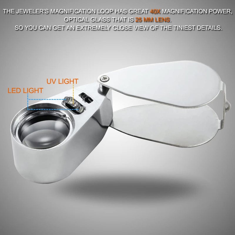 KingMas 40x 25mm Jeweller Magnifier Pocket Folding Magnifying Jewelry Eye Loupe With LED Light Illuminated (LED Currency Detecting/Jewlers Identifying Type Lupe) - Image 4