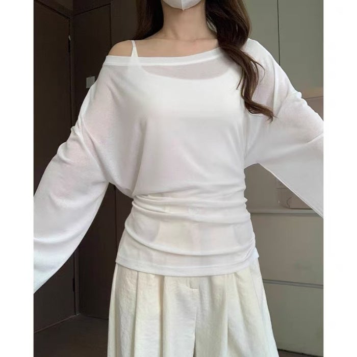 2025 Spring And Style Lazy Loose Slimming Versatile Strappy Round Neck Slightly See-Through Thin Sun Protection Blouse Top - Image 1