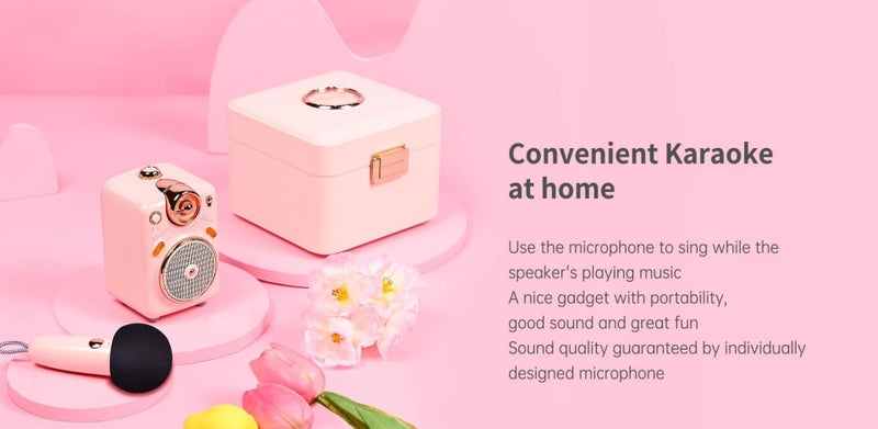 Divoom Fairy-OK Retro Mini Karaoke Speaker with Wireless Microphone, 7 Voice Modes, Bluetooth 5.0, FM Radio, TF Card Support, USB-C Charging, Up to 6H Playtime - Pink - Image 1