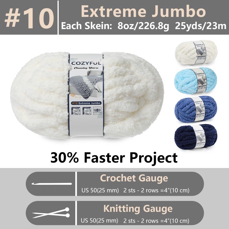 Cozyful Chunky Yarn for Hand Knitting - #10 Chunky Chenille Yarn, Jumbo Big Thick Chunky Yarns for Crocheting, Super Bulky Chunky Knit Blanket Yarns, 8 Skein (25yd, 8oz/Skein), Cream & Multi Blue - Image 2