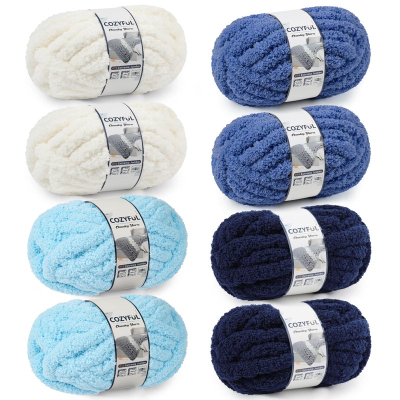 Cozyful Chunky Yarn for Hand Knitting - #10 Chunky Chenille Yarn, Jumbo Big Thick Chunky Yarns for Crocheting, Super Bulky Chunky Knit Blanket Yarns, 8 Skein (25yd, 8oz/Skein), Cream & Multi Blue - Image 1