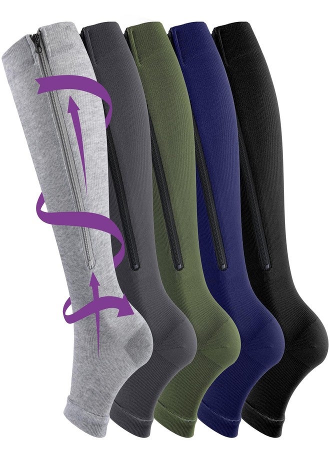 Unittype 5 Pairs Men Open Toe Zipper Compression Socks 20-30 mmHg Compression Knee High Socks Zipper Support Stockings for Men Swelling Edema - Image 1