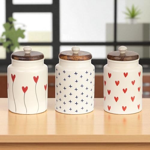 ClayStone Ceramic Airtight Jars for Kitchen Storage (Pack of 3) - 900ml Each - Wooden Lid - Kitchen Containers for Sugar, Tea, Salt, Pickles, Pulses & More - Image 1