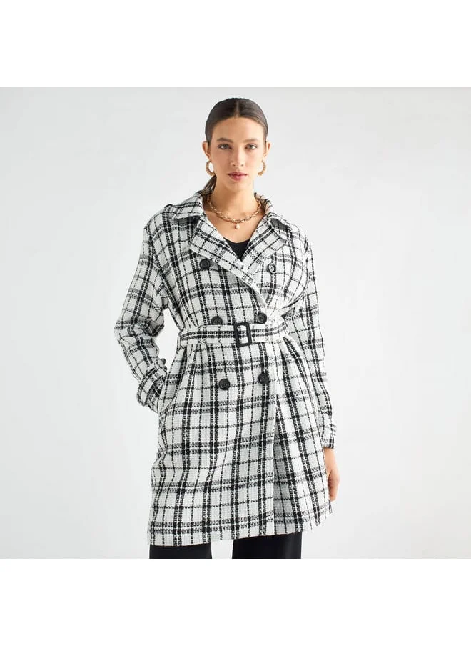 FAV Checked Trench Coat with Belt and Notch Lapel