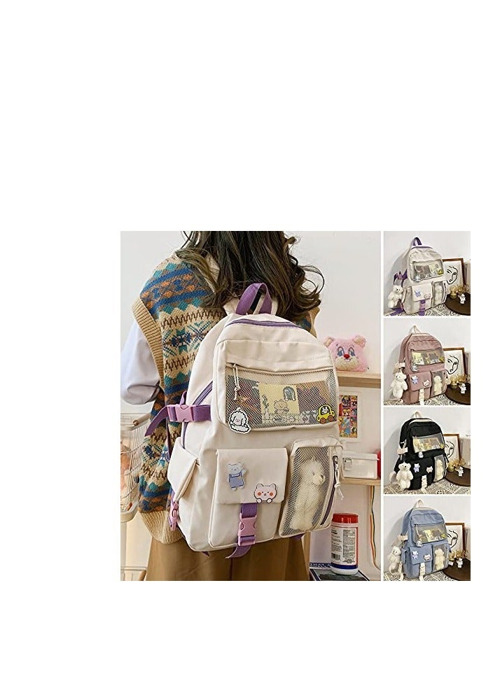 Kawaii Backpacks for Teen Girls with  Pins and Accessories Including Bear Pendant and Badges - Image 2