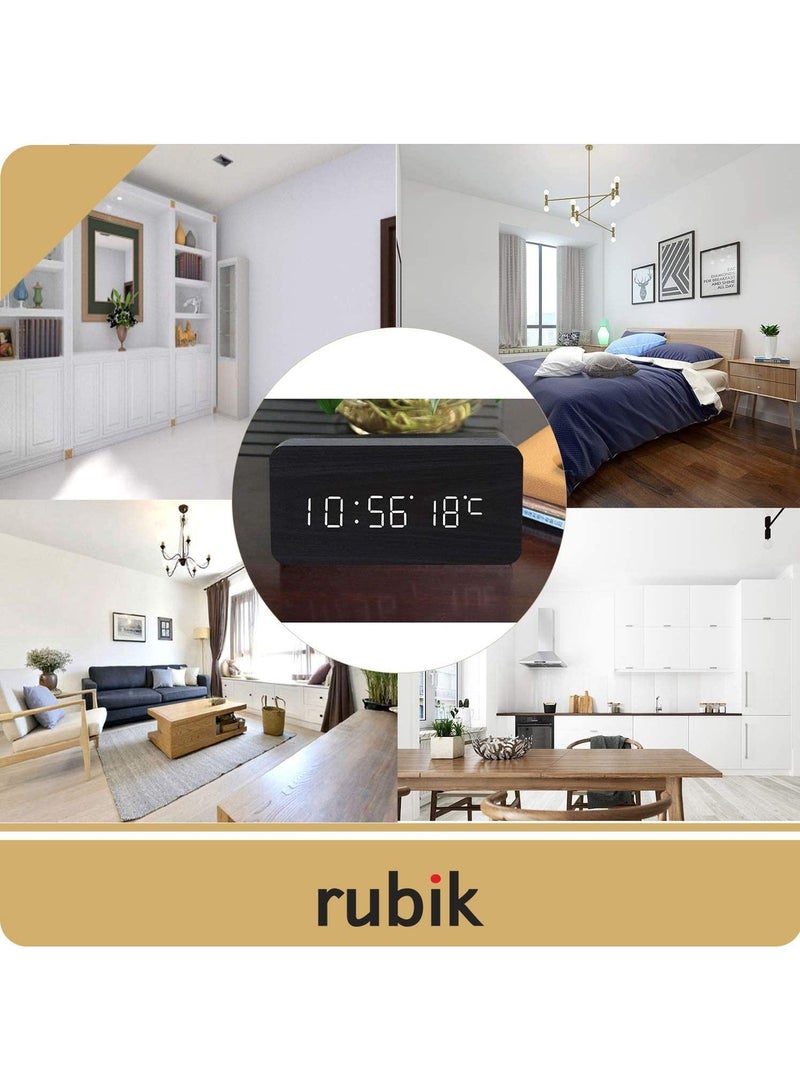 Rubik Wooden Digital Alarm Clock, Wood LED Adjustable Brightness Voice Control Desk Wooden Alarm Clock with Date/Temperature and USB/Battery Powered for Home, Office, Kids, Black and White - Image 5