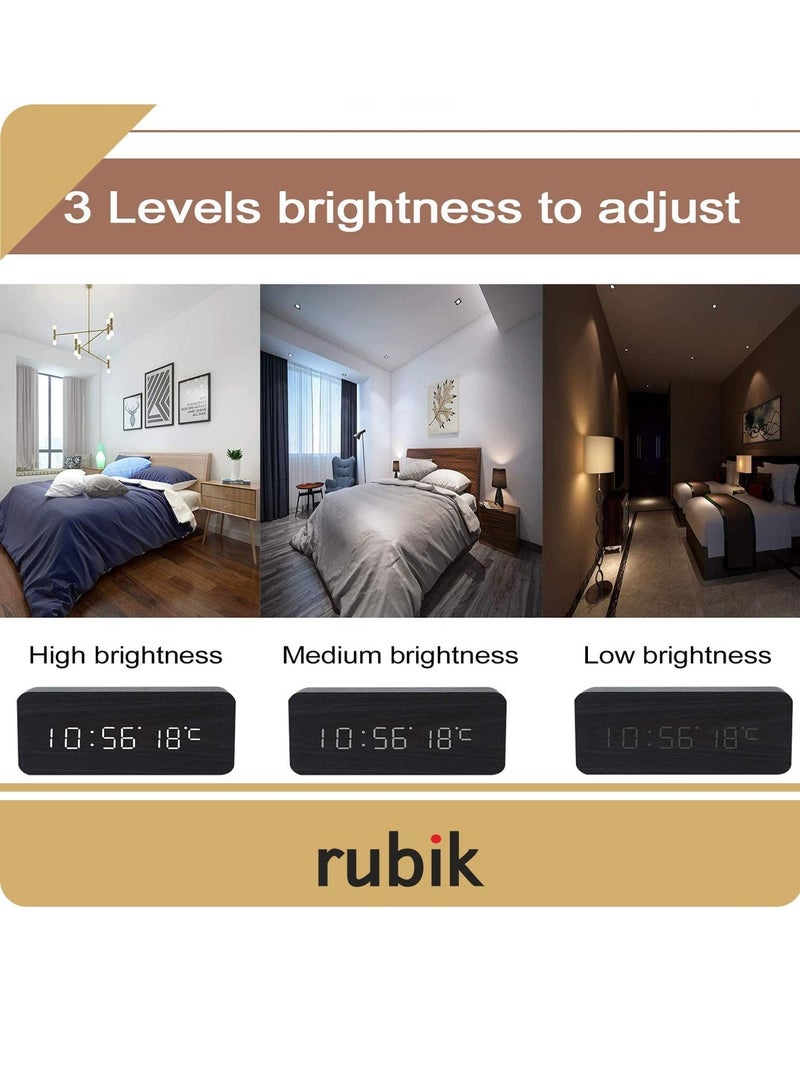 Rubik Wooden Digital Alarm Clock, Wood LED Adjustable Brightness Voice Control Desk Wooden Alarm Clock with Date/Temperature and USB/Battery Powered for Home, Office, Kids, Black and White - Image 4