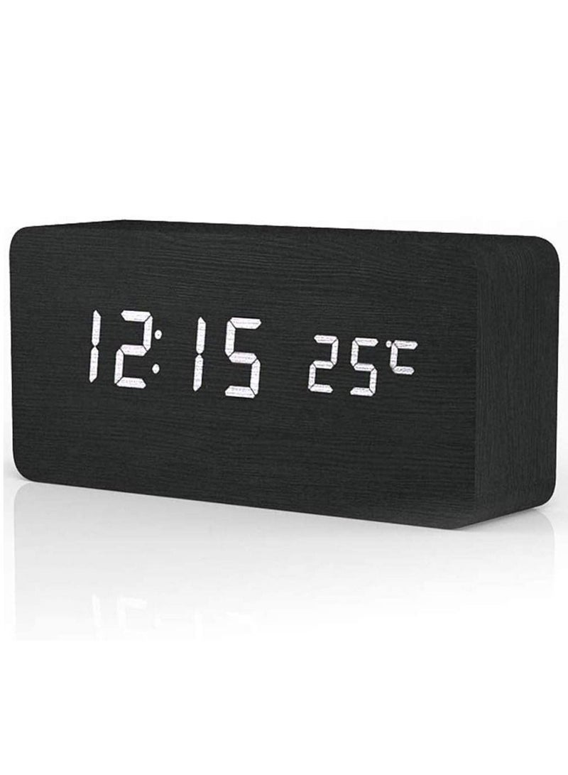 Rubik Wooden Digital Alarm Clock, Wood LED Adjustable Brightness Voice Control Desk Wooden Alarm Clock with Date/Temperature and USB/Battery Powered for Home, Office, Kids, Black and White - Image 1